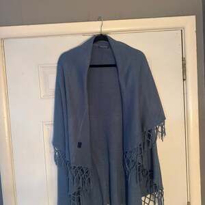 Elietian Blue Fringe Hem Open Front Knit Ruana Wrap Shawl